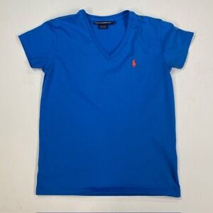 Ralph Lauren Sport Womens XS Royal Blue V-Neck Cotton T-Shirt Orange Pony Logo